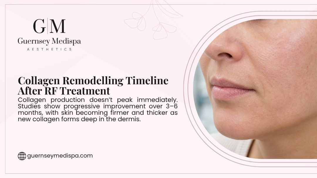 A close-up of a woman's cheek and jawline showing natural skin texture, representing the collagen remodelling timeline after RF treatment.