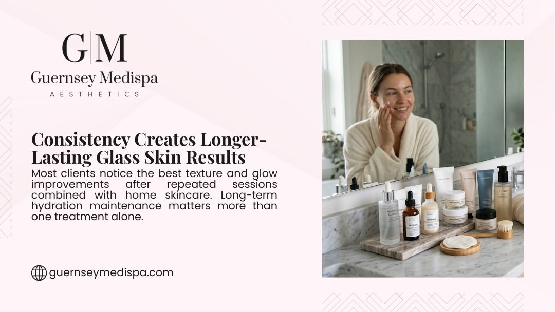 Guernsey Medispa graphic "Consistency Creates Longer-Lasting Glass Skin Results" showing a smiling woman in a robe applying product to her face in the mirror, with skincare products displayed.