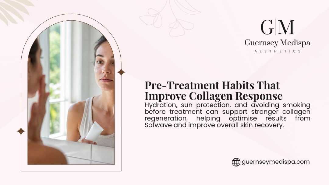 A woman applies moisturizer while looking in a mirror, representing pre-treatment habits that improve collagen response before aesthetic procedures.
