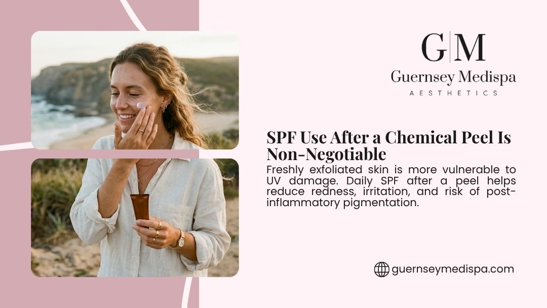 Woman applying SPF sunscreen to her face on a sunny beach. Guernsey Medispa graphic explaining why SPF use after a chemical peel is non-negotiable