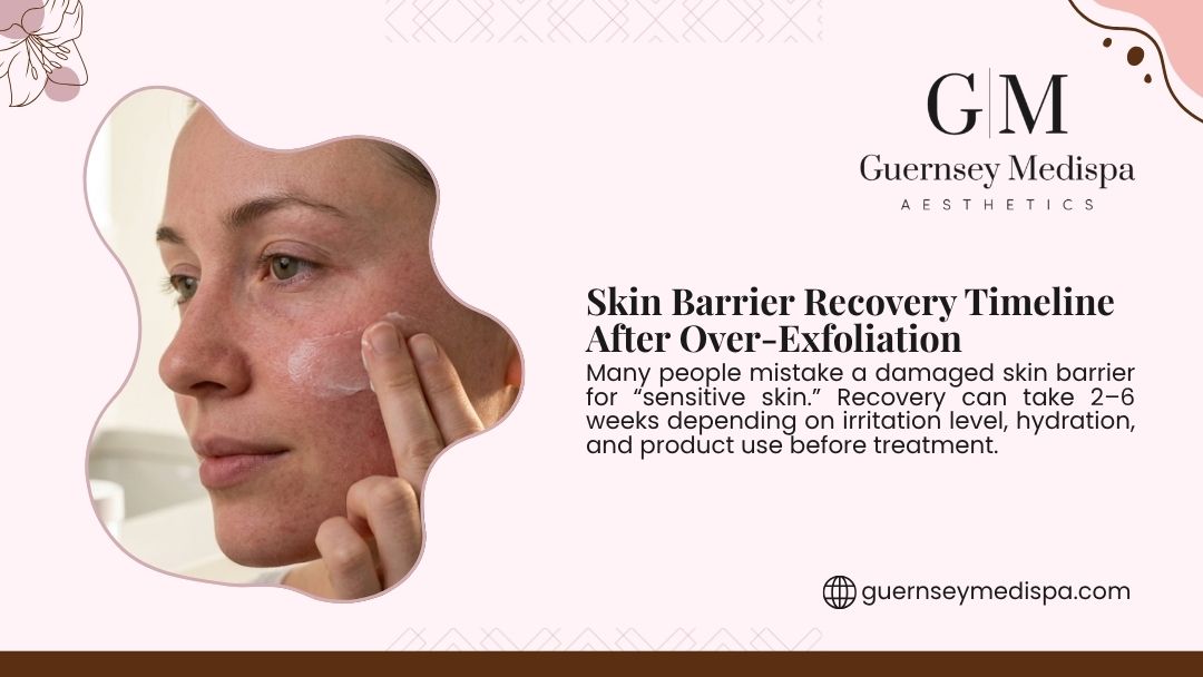 Woman applying cream to irritated red skin. Guernsey Medispa graphic on skin barrier recovery timeline after over-exfoliation.