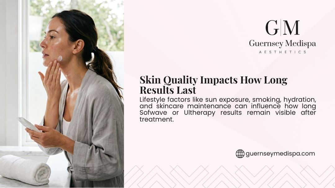 Woman applying skincare to her face in a bright setting, highlighting how skin quality and lifestyle affect longevity of results from treatments like Sofwave or Ultherapy.