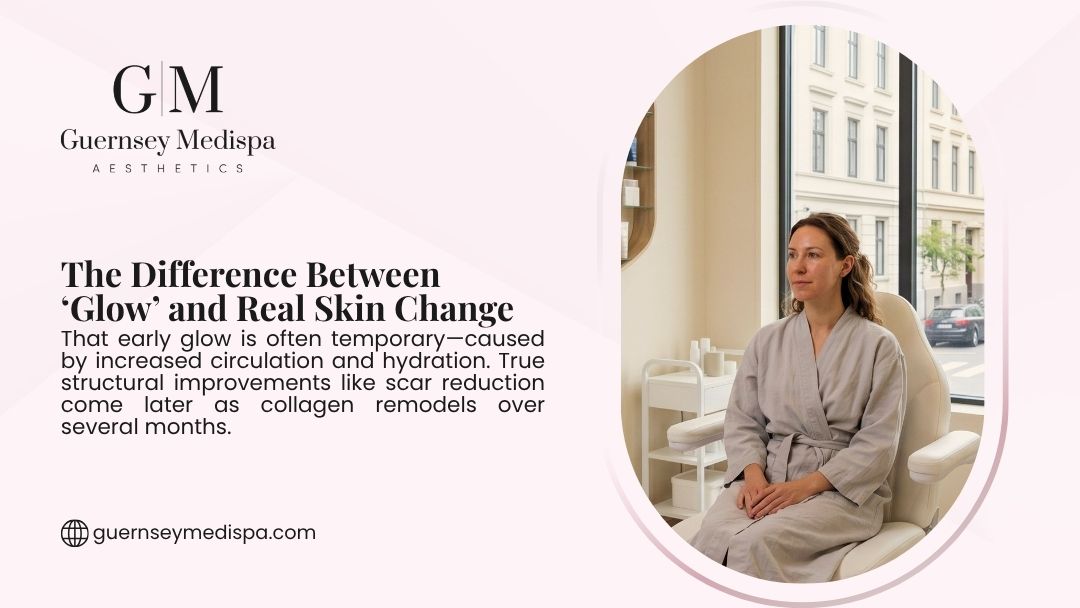 A woman in a spa robe sits calmly in a treatment room, representing the difference between a temporary glow and real long-term skin change.