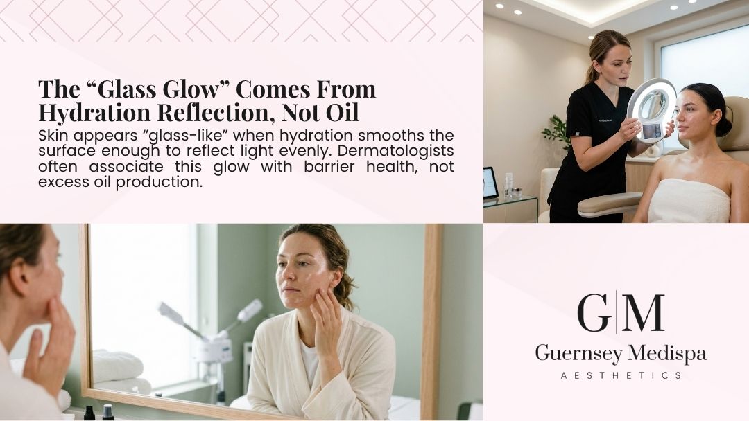 Guernsey Medispa graphic "The “Glass Glow” Comes From Hydration Reflection, Not Oil" with images of aesthetician examining client's skin and woman touching her face in mirror.