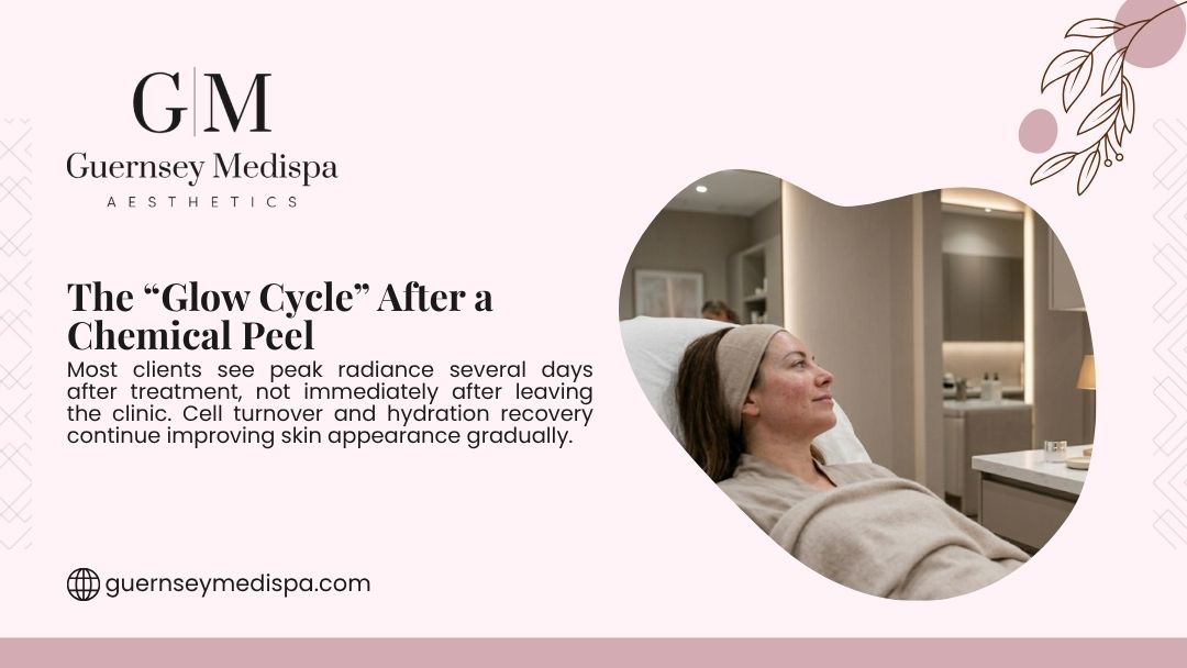 Woman relaxing post-treatment with glowing skin during the 'Glow Cycle' after a chemical peel. Guernsey Medispa graphic explaining skin recovery timeline.