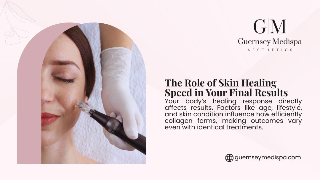 A woman receives a microneedling pen treatment on her cheek, highlighting how skin healing speed affects final results after aesthetic procedures.