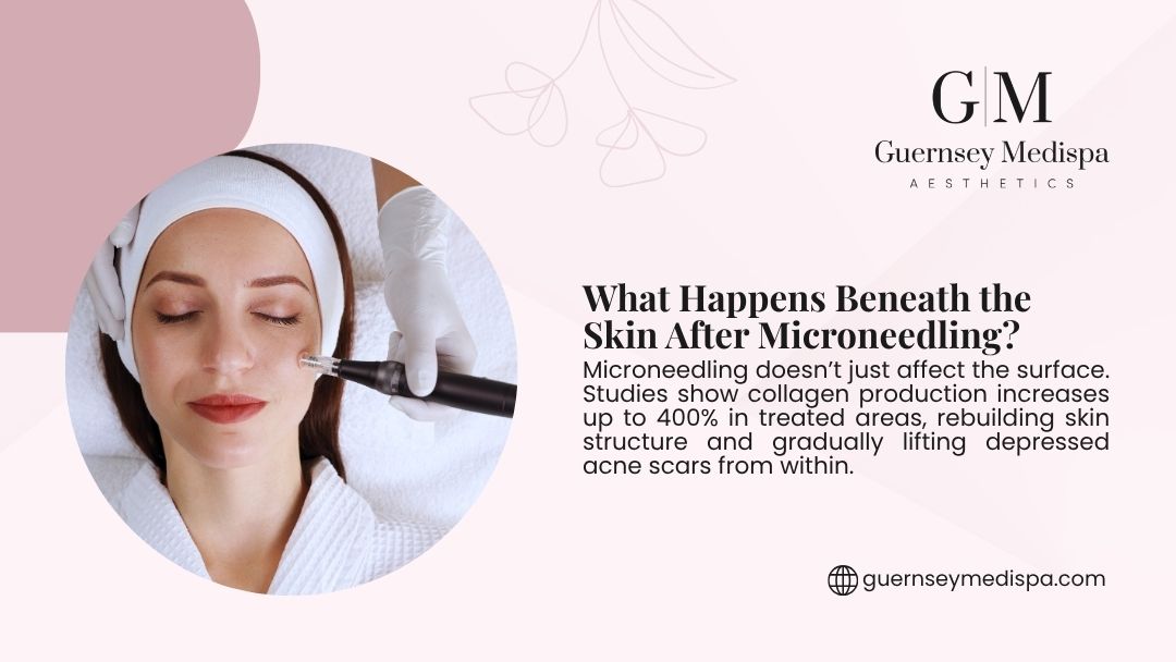 A woman receives a microneedling treatment on her face, illustrating what happens beneath the skin to boost collagen and rebuild skin structure.