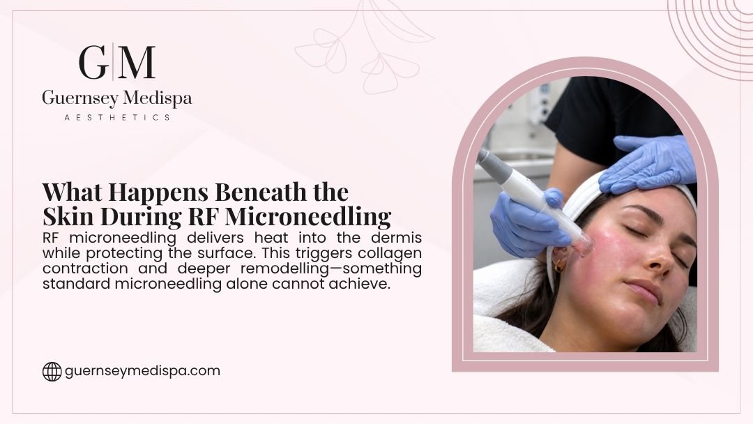 A clinician applies an RF microneedling device to a woman's flushed cheek, showing what happens beneath the skin during the treatment.
