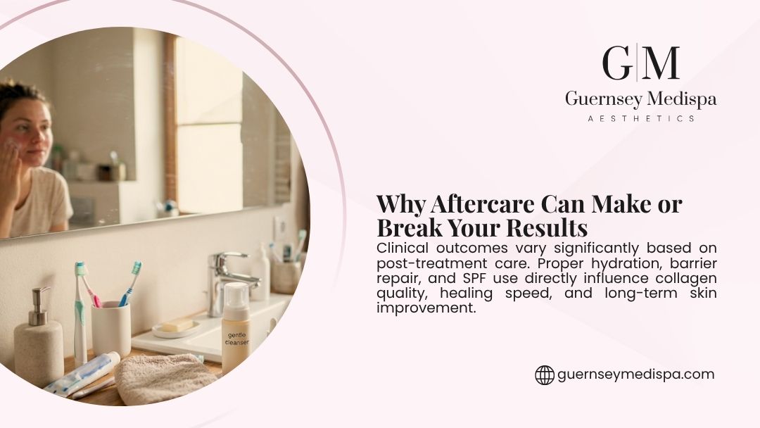 A woman applies cleanser in a bathroom mirror surrounded by skincare products, showing why aftercare can make or break your treatment results.