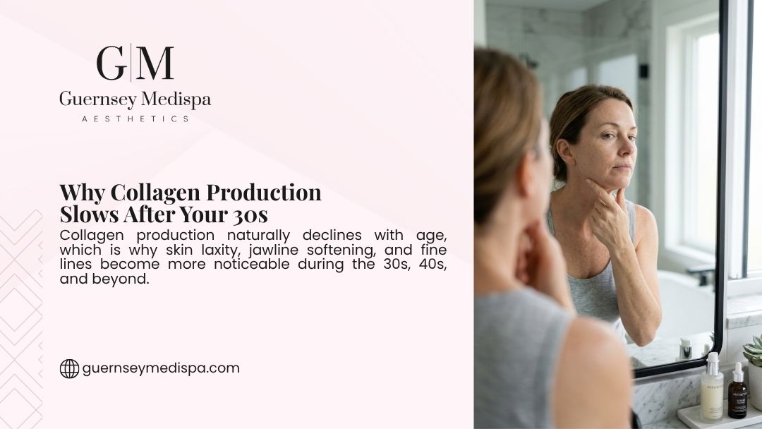 Woman in a bathroom mirror touching her jawline and face, illustrating declining collagen production and skin changes after the 30s. Guernsey Medispa.