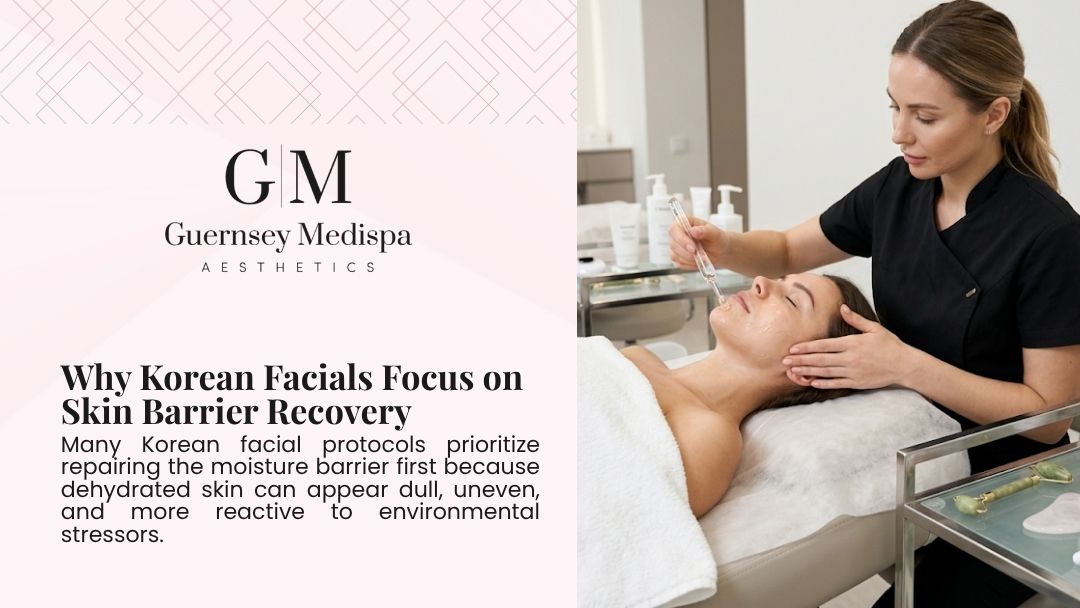 Guernsey Medispa aesthetician applying serum during a Korean facial treatment, focusing on skin barrier recovery for a client lying on the treatment bed.