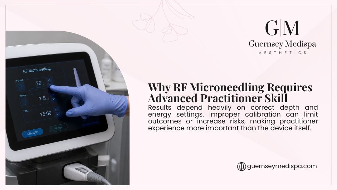 A gloved hand adjusts settings on an RF microneedling device screen, highlighting why the treatment requires advanced practitioner skill.