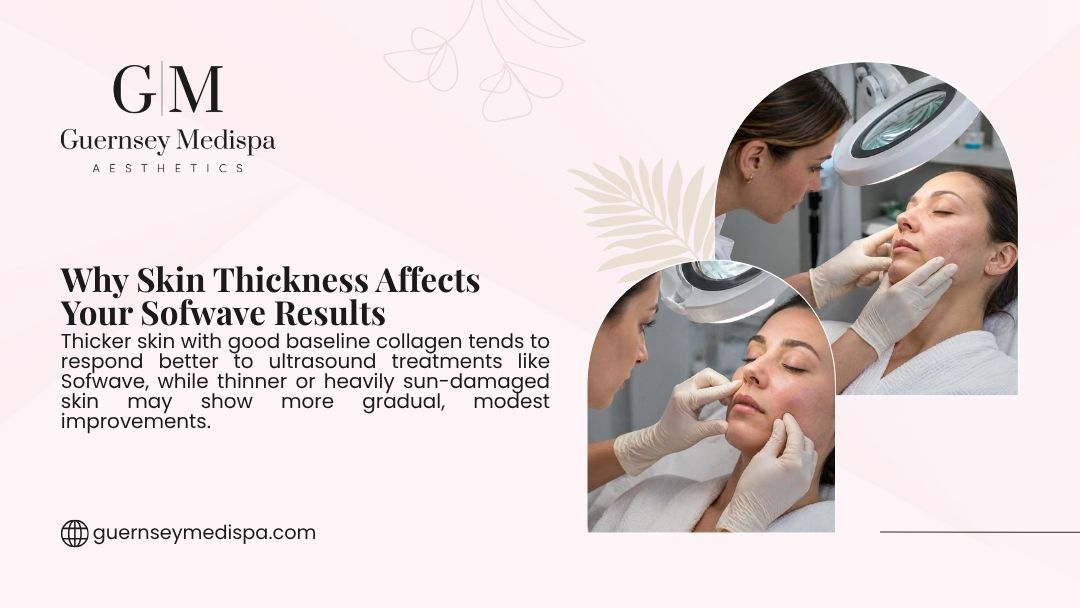 A clinician examines a woman's facial skin under a magnifying lamp, illustrating why skin thickness affects Sofwave treatment results