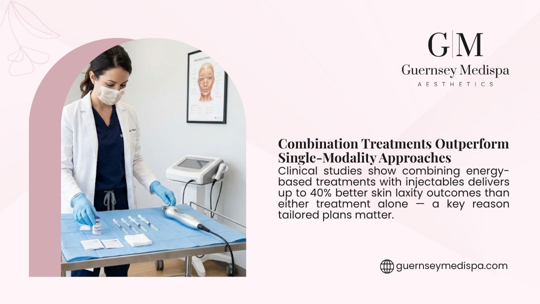 Guernsey Medispa infographic showing an aesthetician preparing energy-based devices and injectables, noting combination treatments deliver up to 40% better skin laxity outcomes than single treatments.