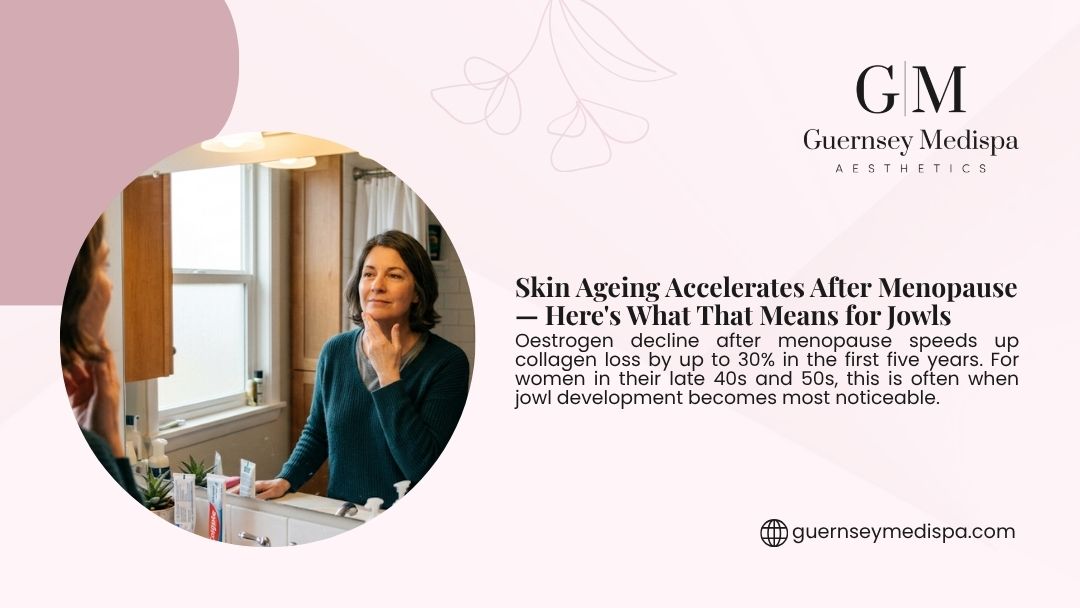 Guernsey Medispa infographic showing a woman examining her jawline in a mirror, noting oestrogen decline after menopause accelerates collagen loss by 30%, making jowls most noticeable in the 50s.