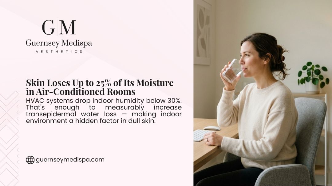 Guernsey Medispa infographic showing a woman drinking water indoors, explaining that air-conditioned rooms drop humidity below 30%, causing skin to lose up to 25% of its moisture.