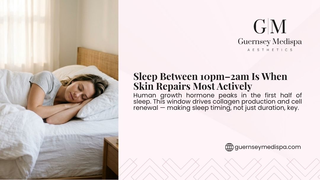 Guernsey Medispa infographic showing a woman sleeping peacefully, explaining that skin repairs most actively between 10pm–2am when human growth hormone peaks to drive collagen production.