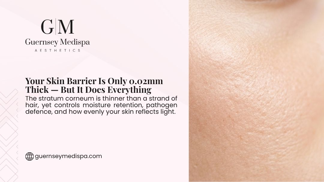 Guernsey Medispa infographic showing a close-up of skin texture, explaining the stratum corneum is only 0.02mm thick yet controls moisture retention, pathogen defence, and light reflection.