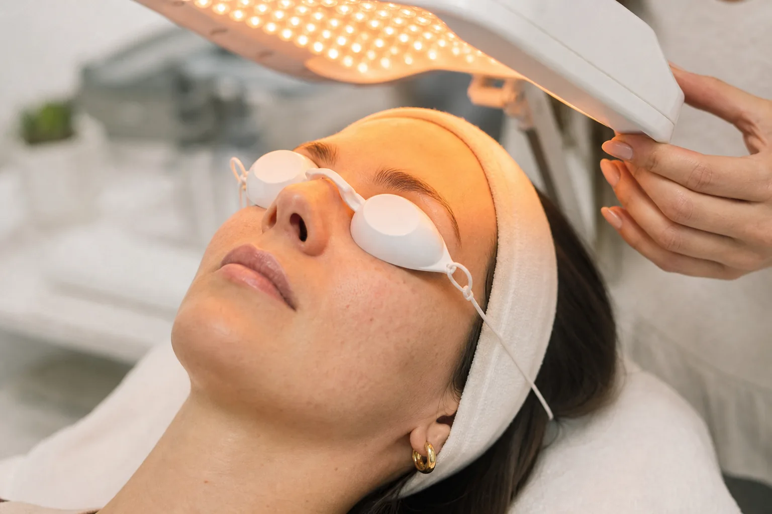 Close-up of a client wearing protective eyewear during a gentle, safe LED light therapy session