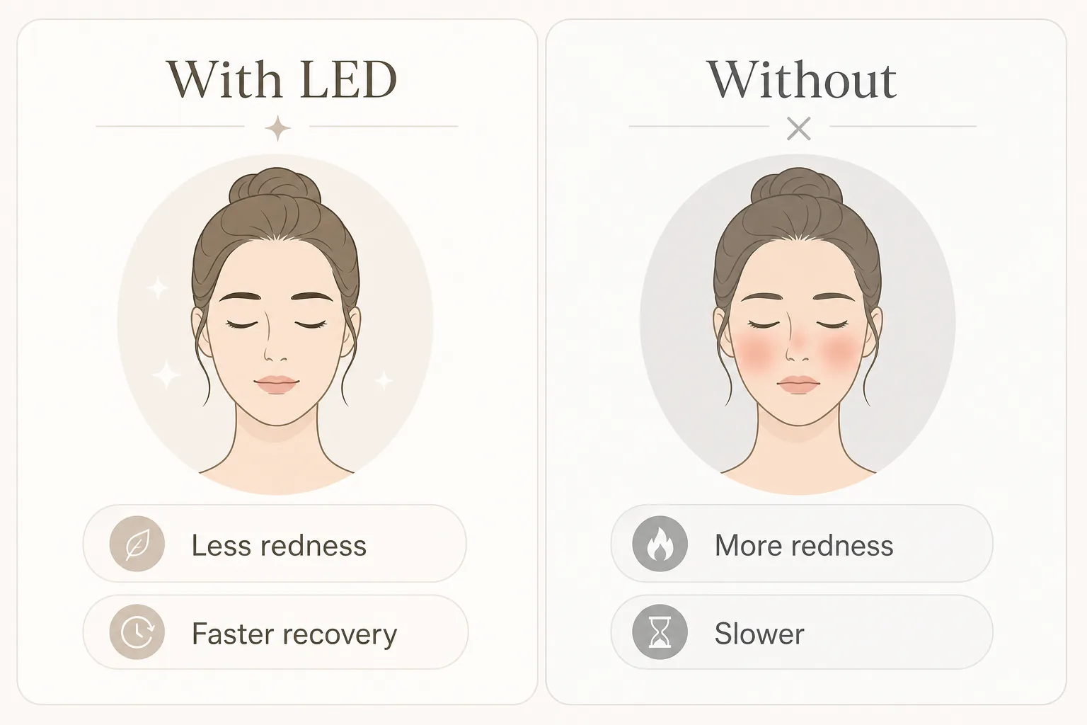 Comparison graphic of skin recovery with LED light therapy versus without after a treatment