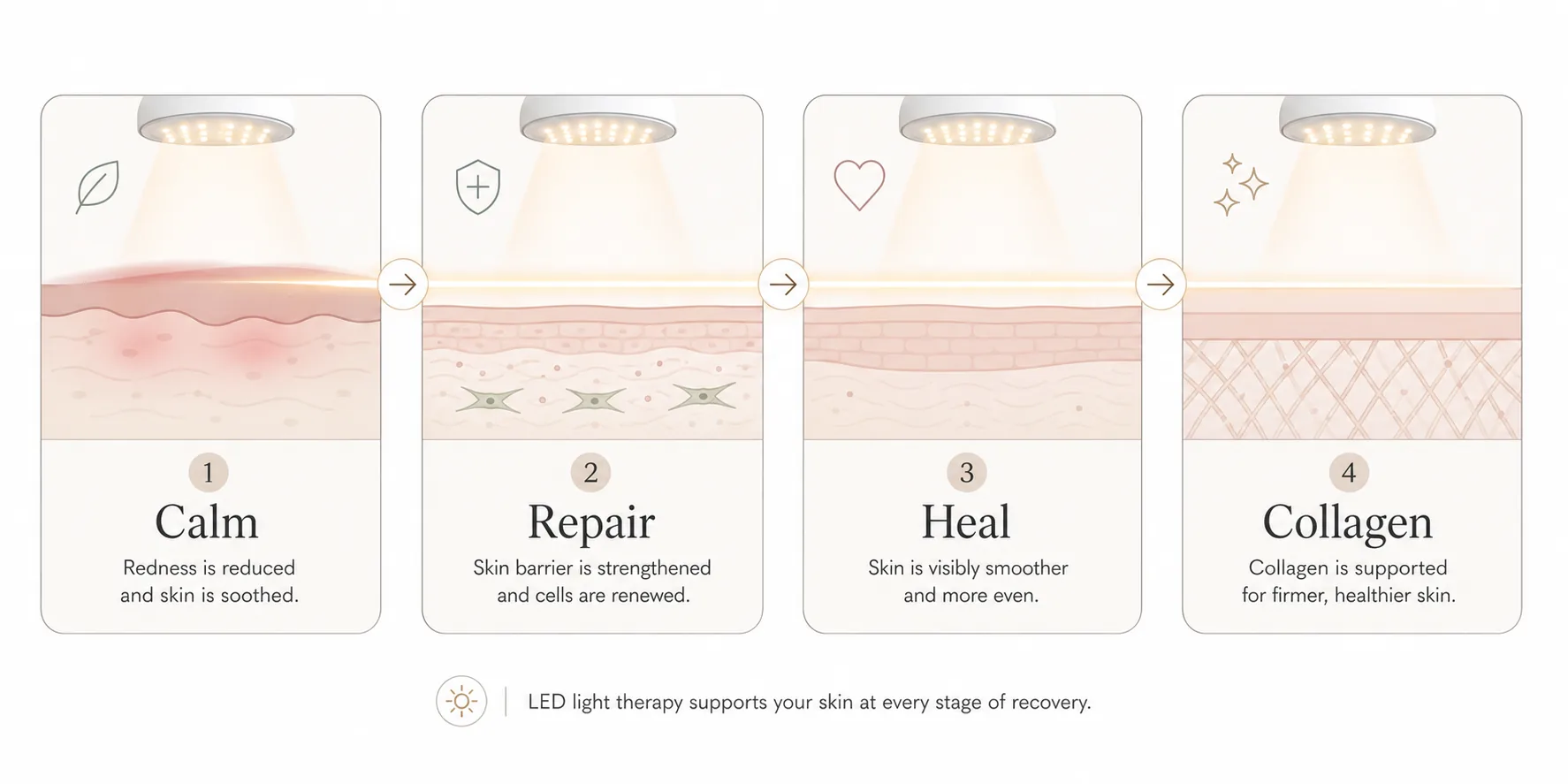 Diagram showing the four skin recovery stages LED light therapy supports after treatment