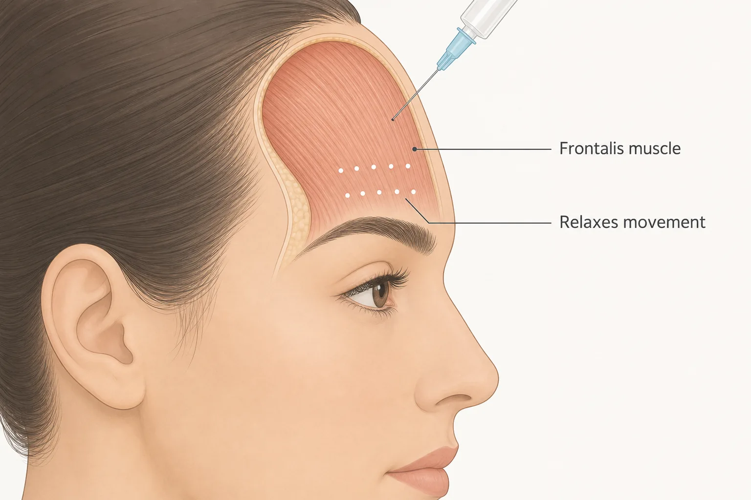Diagram showing how Botox relaxes the frontalis muscle that creates forehead movement lines