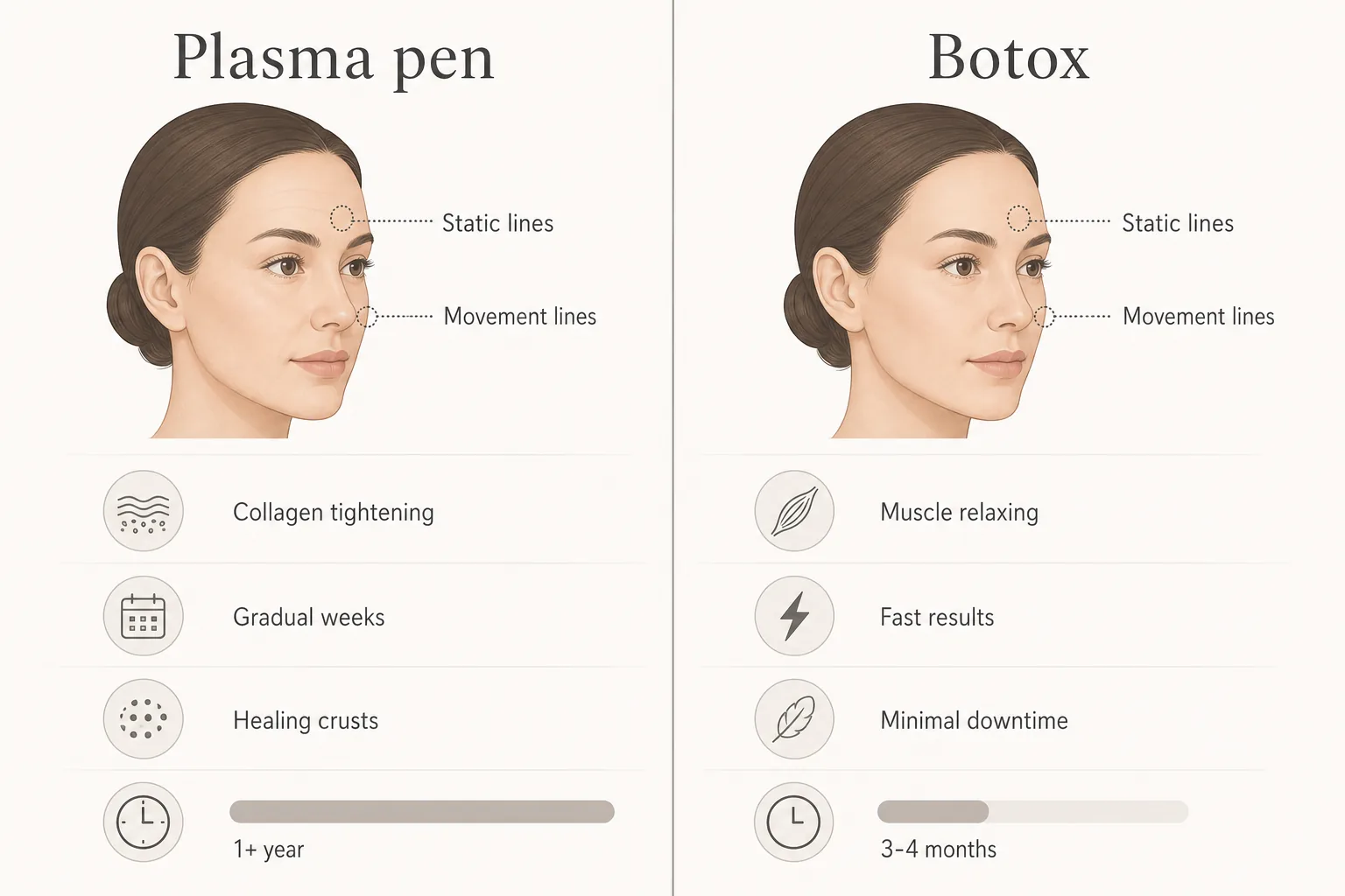 Side-by-side comparison of plasma pen versus Botox for forehead lines showing how they work and how long they last