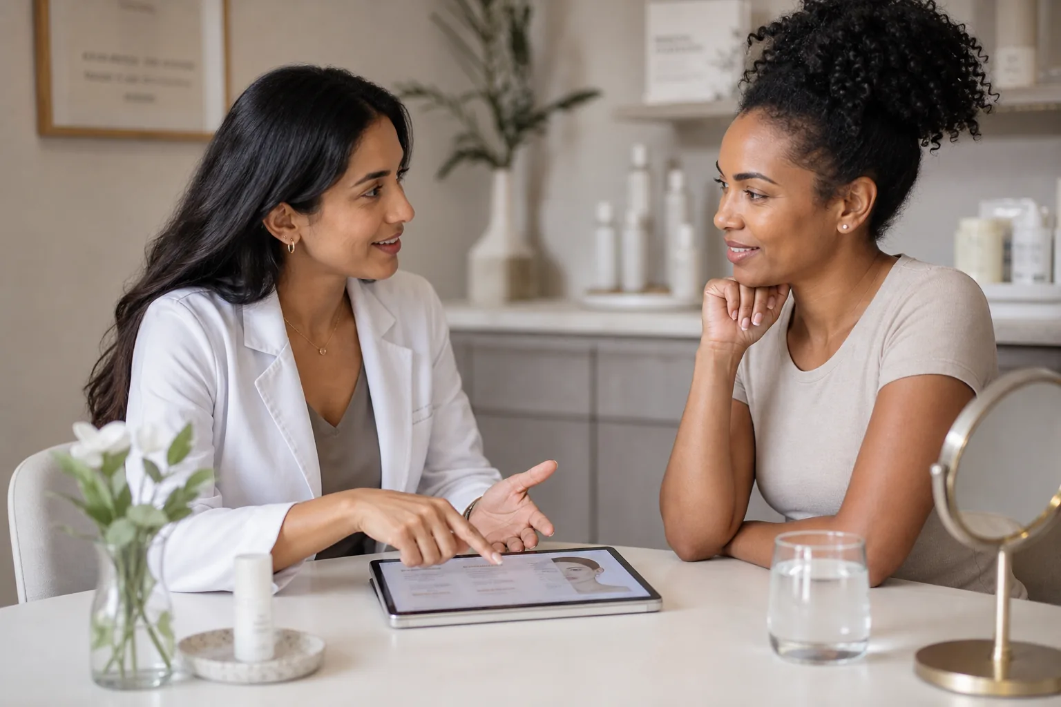 A calm skin consultation between a practitioner and client discussing whether plasma pen treatment is right for them