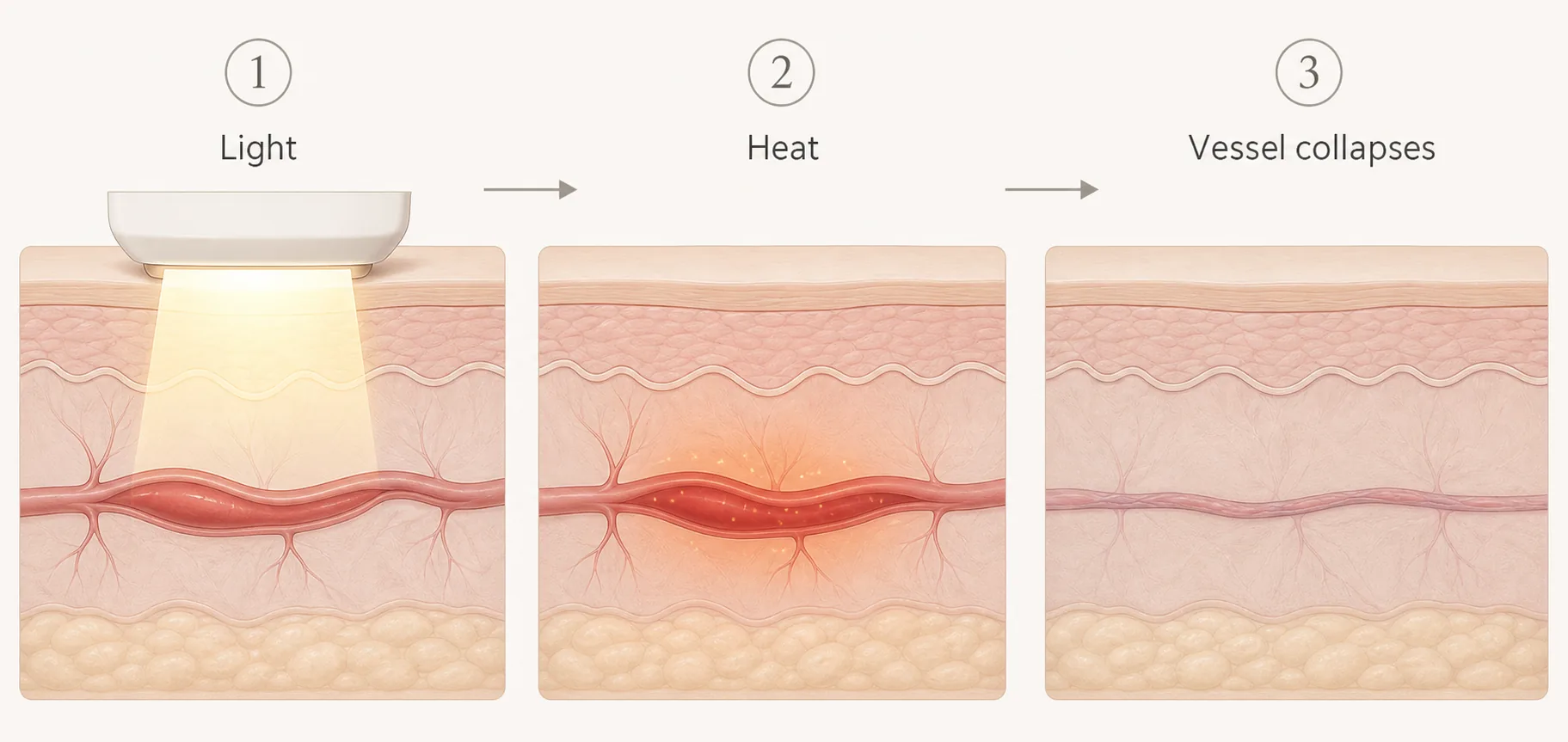 Diagram showing how IPL light heats haemoglobin and collapses a dilated blood vessel in three steps