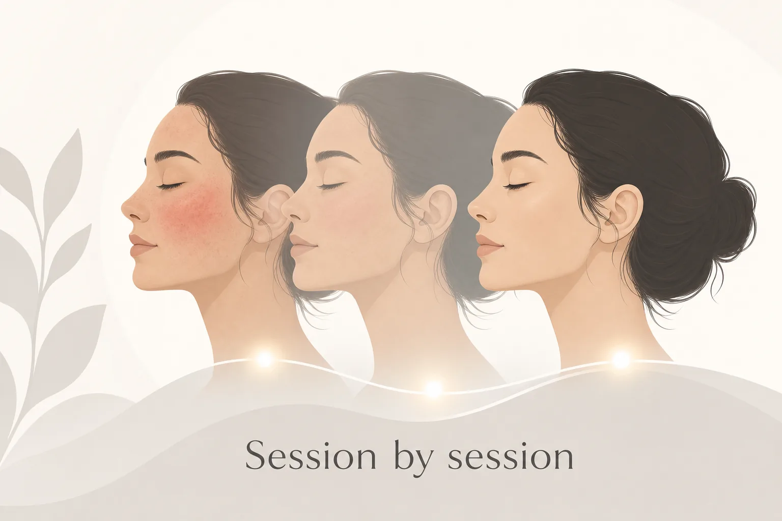 Flat illustration of a face becoming progressively less red across a course of IPL sessions