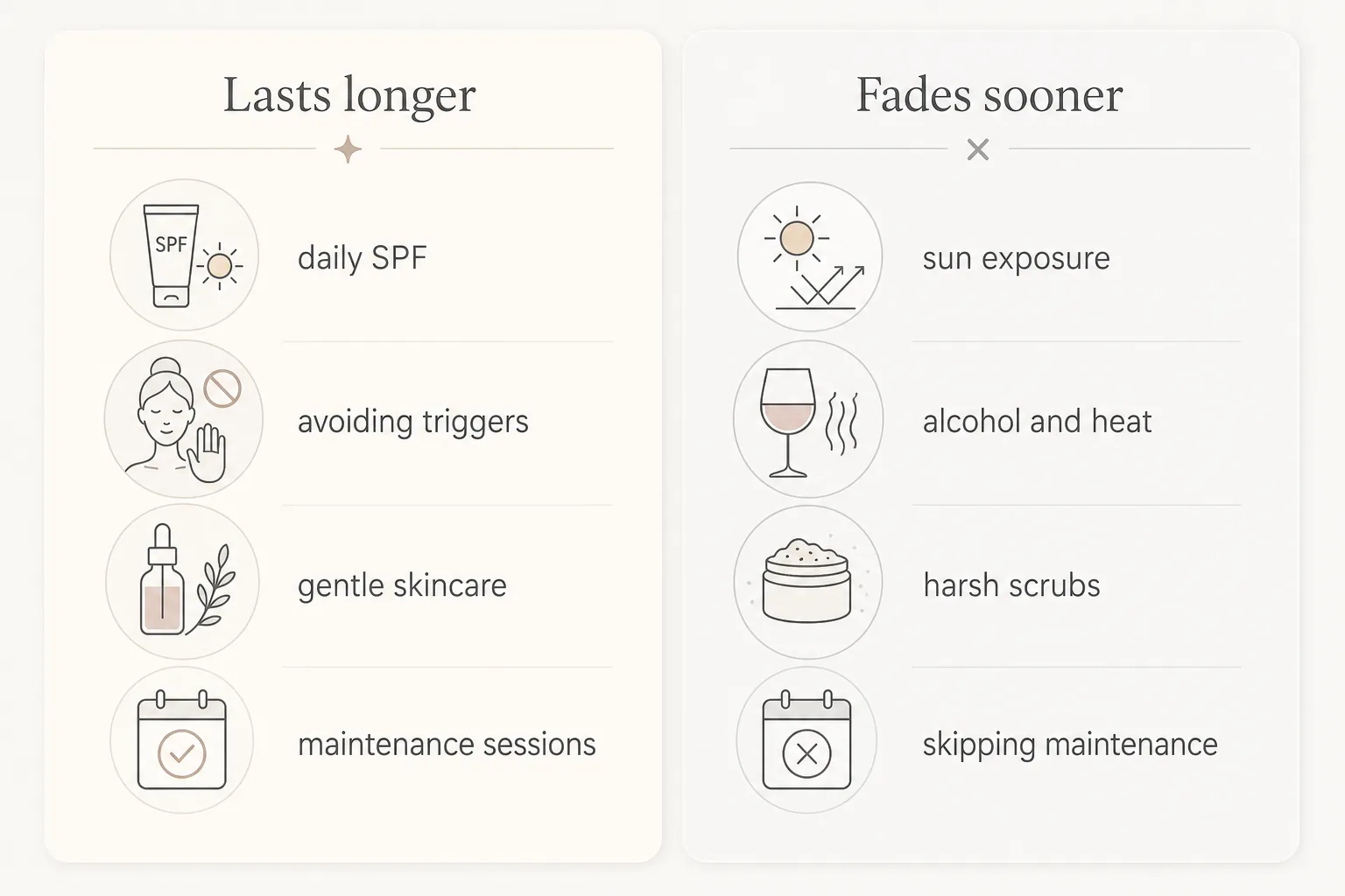 Side-by-side comparison of habits that extend versus shorten IPL rosacea results