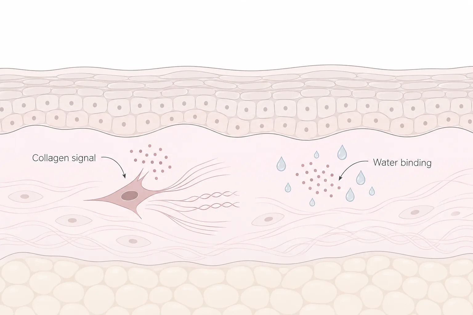 Flat diagram of the dermis showing polynucleotides signalling fibroblasts to make collagen and binding water in the skin