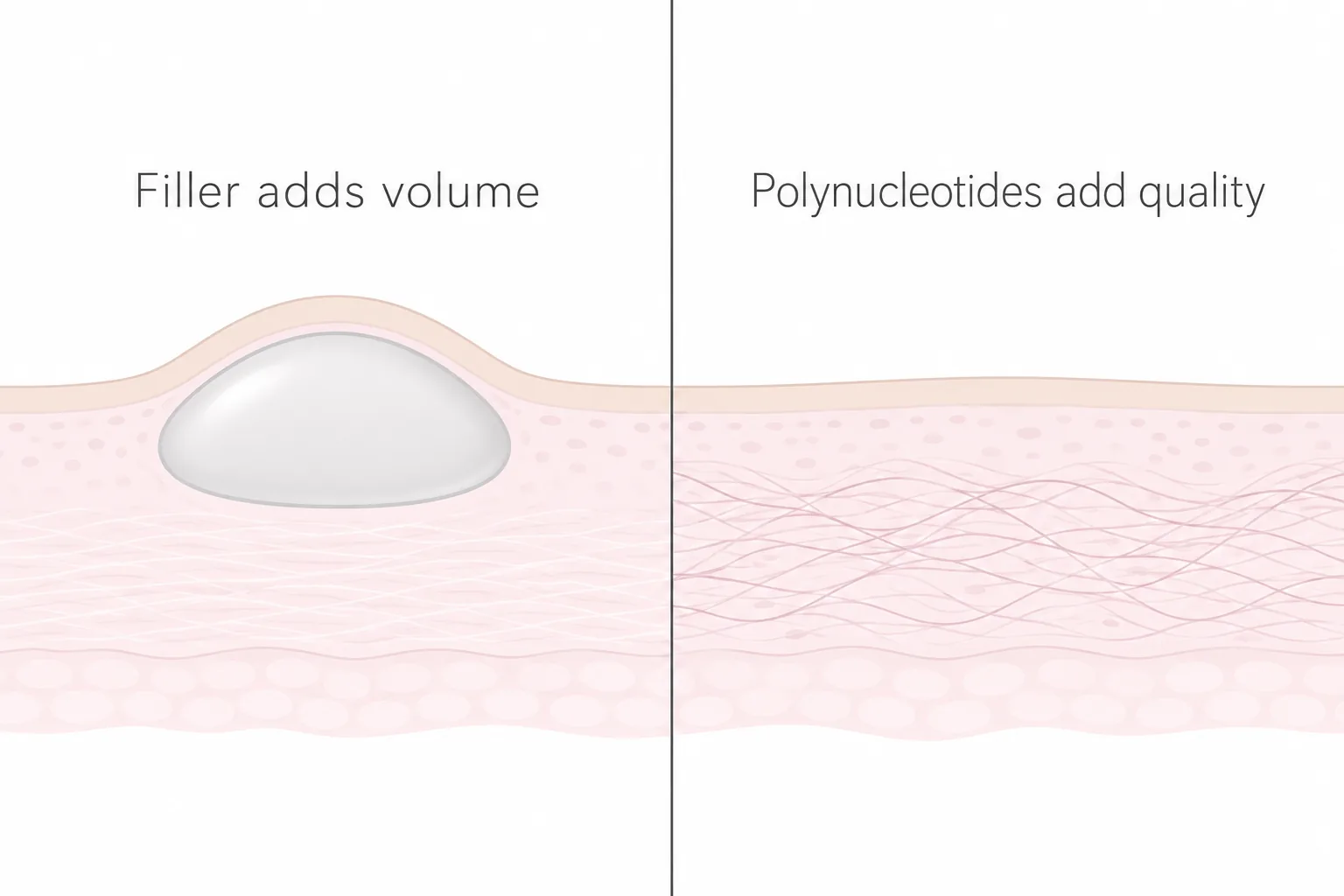 Side-by-side diagram: filler forming a bulge under thin under-eye skin compared with polynucleotides thickening the skin without adding volume
