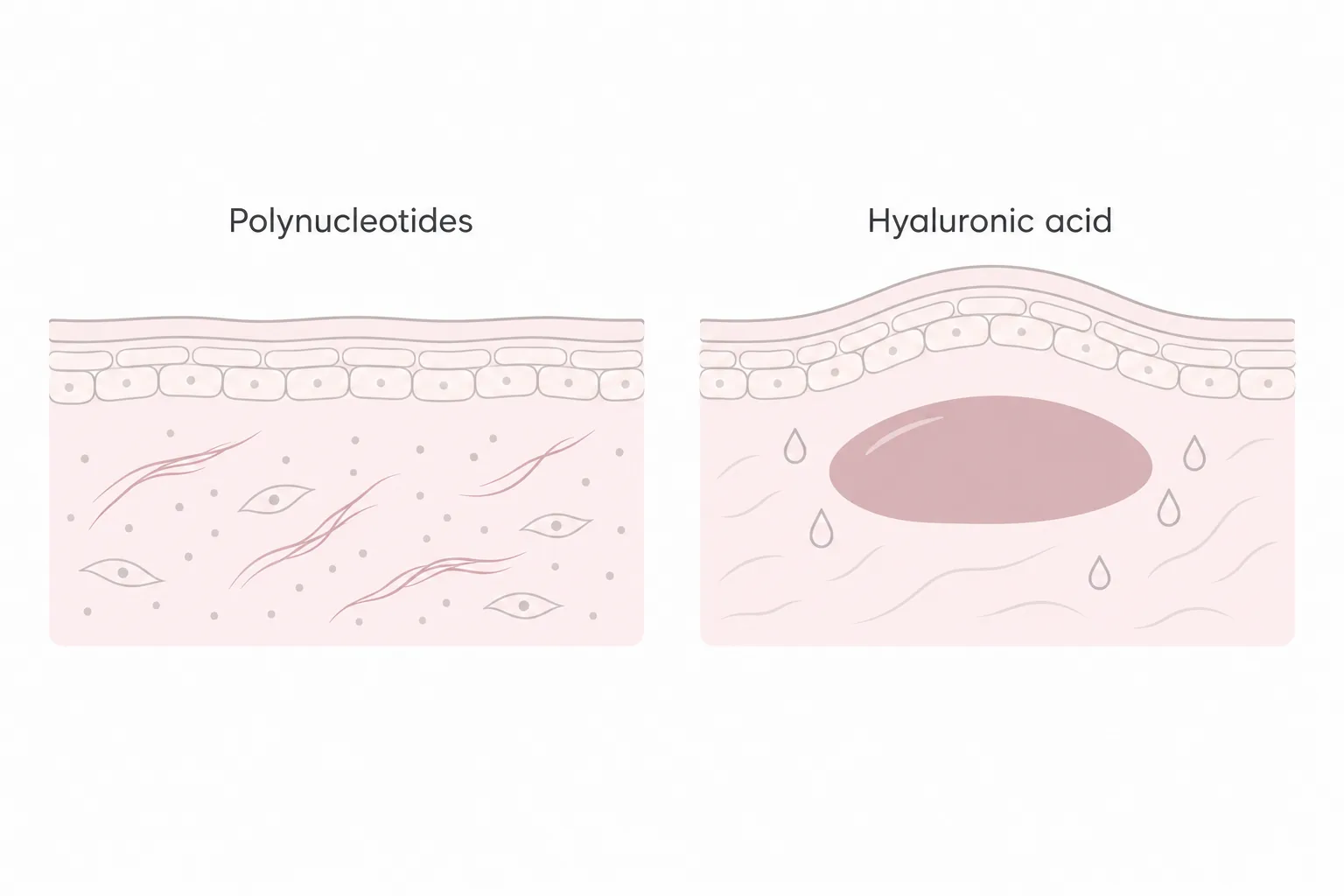 Side-by-side skin cross-section diagram: polynucleotides stimulate fibroblasts and new collagen in the dermis, while hyaluronic acid adds a water-binding gel that lifts the surface