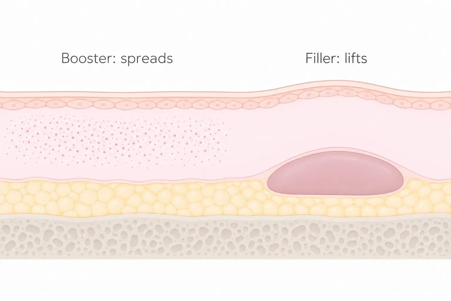 Skin cross-section diagram showing a skin booster dispersed shallowly through the dermis and a dermal filler placed deep near the bone to lift the tissue above